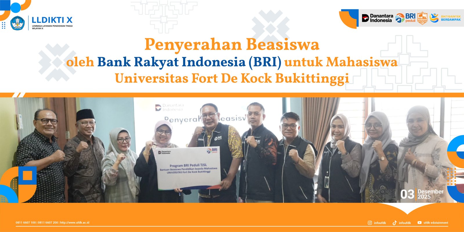 Bank BRI Memberikan Bantuan Beasiswa untuk 14 Orang Mahasiswa Universitas Fort De Kock